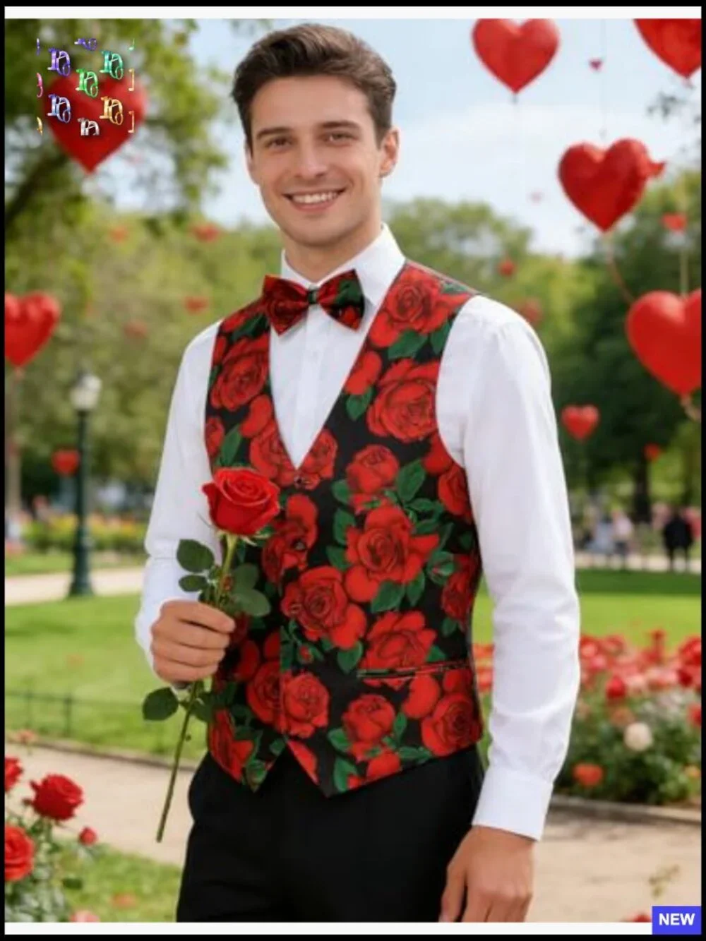 Men's V-Neck Suit Vest with Bowtie Floral Pattern Relaxed Fit Valentine's Day